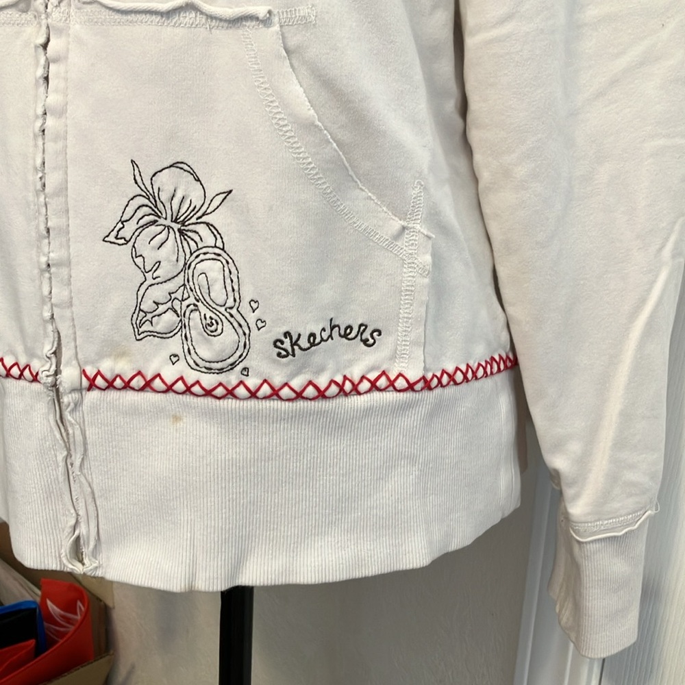 Vintage Y2k Rare Skechers White Embroidered Floral Stitched Zip Up Hoodie Xl View 2